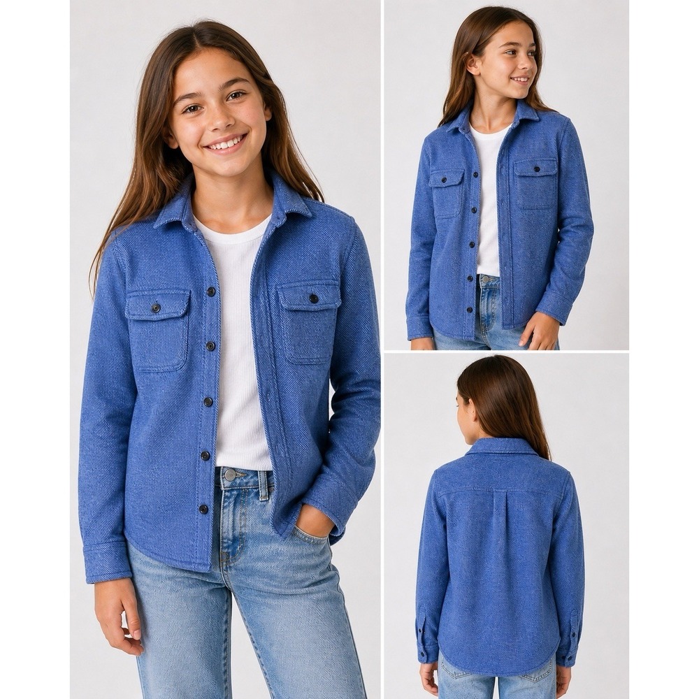 Crewcuts Girls Blue Knit Shacket Button Front Pocket Shirt Jacket Size 12